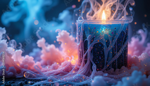 Burning blue candle flame in the dark with fractal smoke pattern, a creative human imagination concept photo