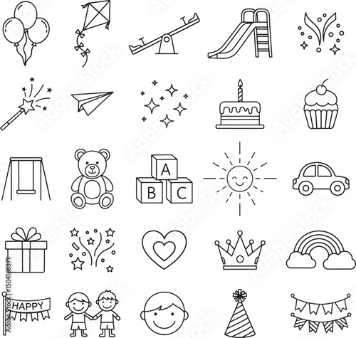 Set of Children Day Line Art Icons Fun and Playtime