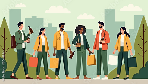 Stylish group of diverse friends shopping together in an urban setting
