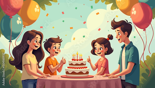 Joyful cartoon birthday celebration with kids and a cake in a sunny outdoor setting