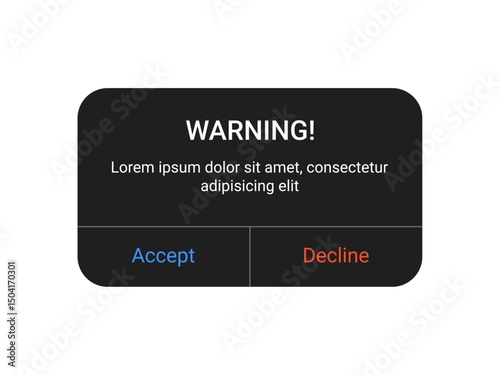 Dark warning pop up UI design with accept and decline buttons on a transparent background for mobile app and web alert interface in a minimal modern style