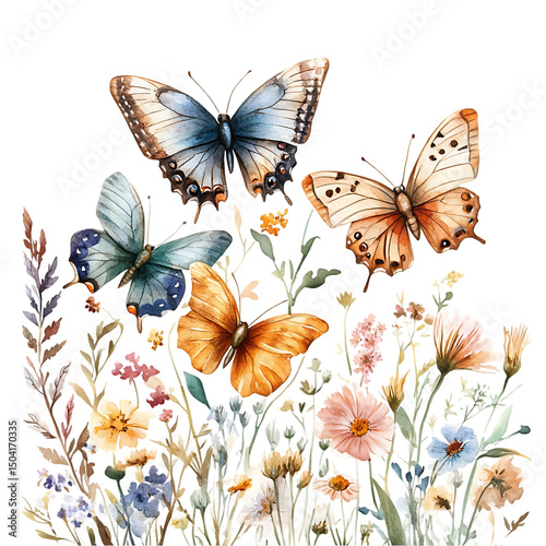 Whimsical watercolor isolated on white, group of butterflies resting on wildflowers and leaves in storybook style, detailed wing textures Fantasy Garden Bugs Botanical Microcosm Creatures