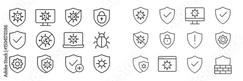 Set of simple line icons representing cybersecurity concepts such as protection, malware, and online safety measures