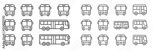 Collection of various bus designs and styles in a minimalist outline format