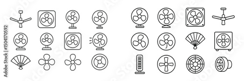 Collection of line art fan icons showcasing various designs and types in black and white
