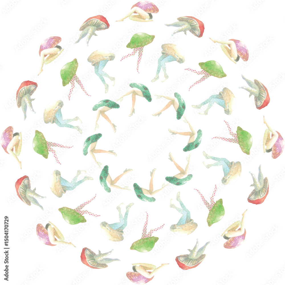Fototapeta premium Mushroom People Pattern 15. Pattern of illustrations that combine mushrooms and humans.