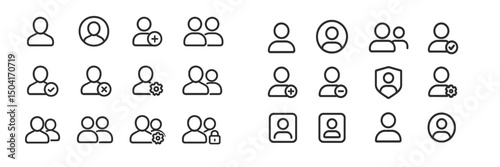 Collection of simple line icons depicting user profiles and social interaction symbols