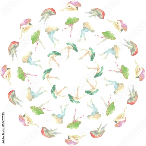 Mushroom People Pattern 15. Pattern of illustrations that combine mushrooms and humans.