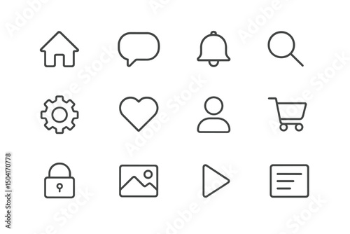 Collection of minimalistic icons for user interface design in digital applications and websites