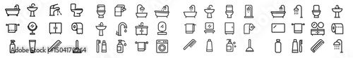 Detailed collection of bathroom and hygiene icons representing various fixtures and accessories in a minimalist style