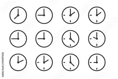Multiple wall clocks displaying various times arranged in a grid format for visual reference