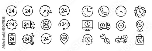 Various clock and service icons representing 24/7 availability in different sectors including delivery, support, and technology