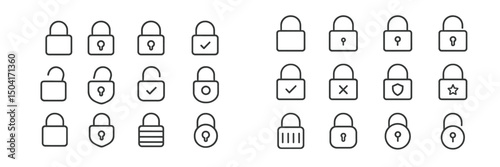 Various lock icons illustrating security status and designs in a minimalistic style suitable for digital applications