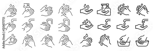 Hand washing steps illustrated for proper hygiene practices in public settings