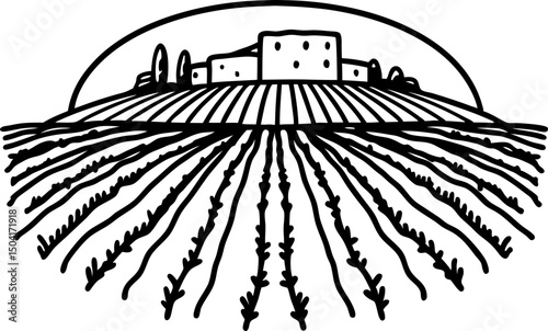 Scenic farm landscape illustration fields with rural horizon and farmhouse in the distance