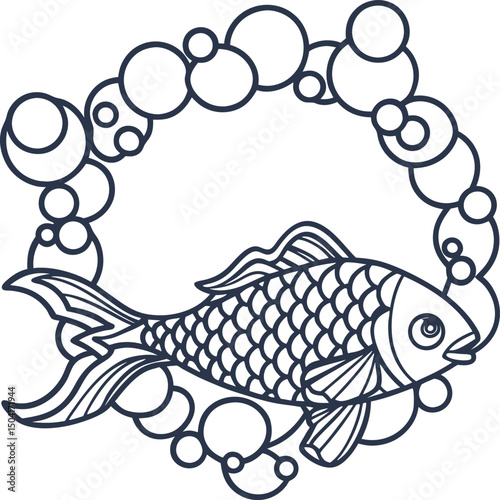 Ornate fish with bubble frame in intricate line art