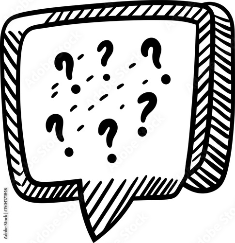 Question marks in speech bubble communication and curiosity symbol in doodle