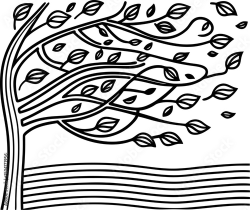 Abstract wind swept tree illustration, flowing lines and leaves in movement