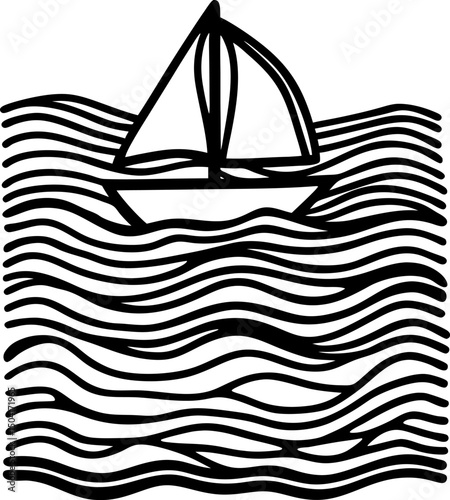 Sailing boat line art on wavy sea patterns, simple nautical design