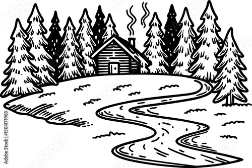 Rustic cabin amidst pine trees nature retreat and forest serenity with winding path
