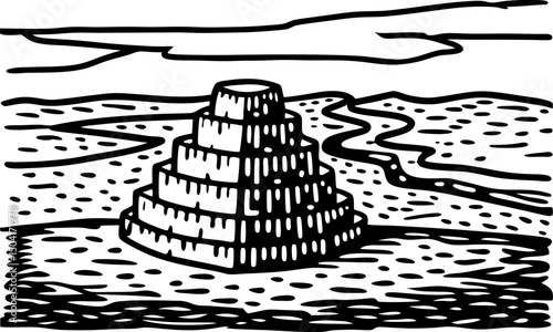 stylized step pyramid in desert landscape black and white line art of ancient structure