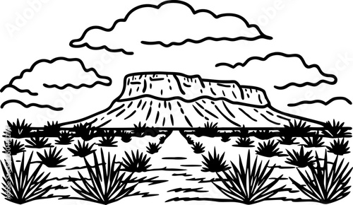 desert landscape illustration with mesa and clouds, native vegetation in black line art