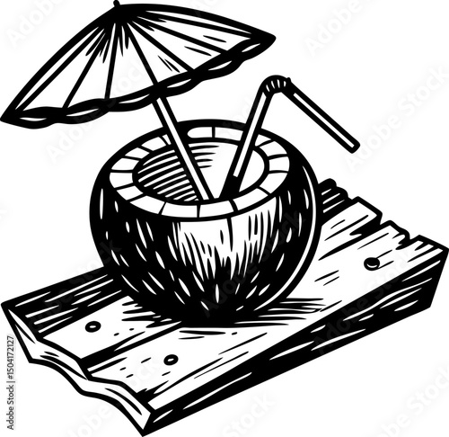 refreshing coconut drink with umbrella and straw on rustic wooden board, summer vacation vibe