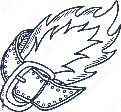 Flaming belt buckle illustration unique fire design, artistic line drawing, edgy fashion accessory symbol