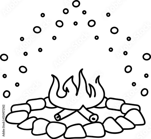 campfire outline with crackling flames and stones, ideal for coloring activities and outdoor themes