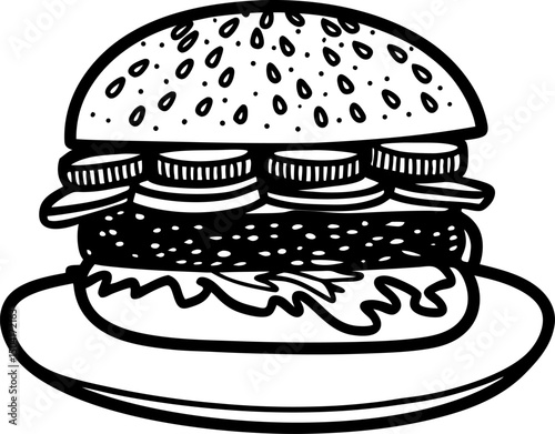 illustrated burger with cheese, pickles, and lettuce on a plate classic fast food icon