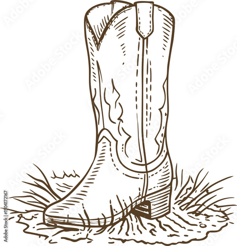 rustic cowboy boot illustration on grass, western footwear and country design