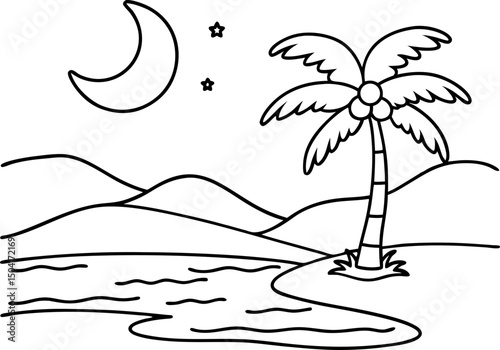 moonlit tropical night scene with palm tree, stars and beach line art drawing