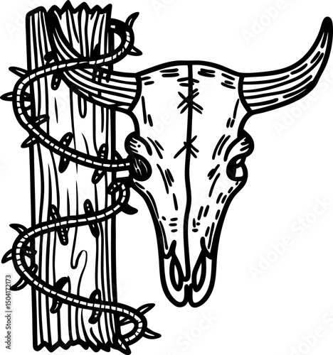 western cow skull and barbed wire on post rustic illustration, vintage southwestern art