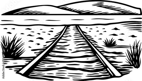Vintage desert railway illustration with distant hills, classic black and white woodcut scene