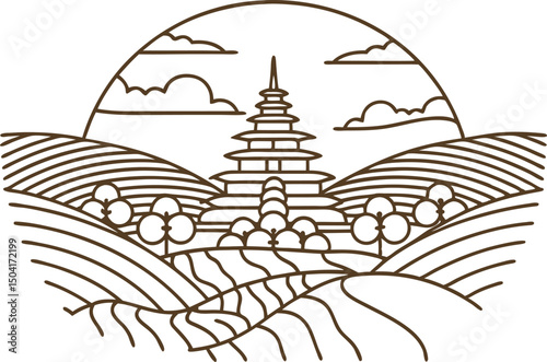Scenic pagoda landscape with rolling hills and clouds line art illustration of nature and heritage