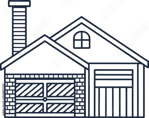 Simple outline illustration of a modern house with garage and chimney