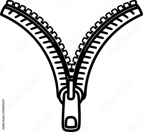 open zipper illustration in black and white iconic representation of fastener mechanism