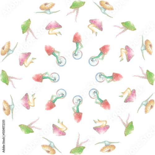 Mushroom People Pattern 08. Pattern of illustrations that combine mushrooms and humans.