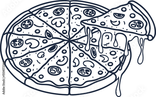 cheese pizza illustration with a slice lifted, dripping with melted cheese, hand drawn food art