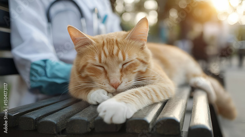 Orange Cat Sleeping Peacefully on a Park Bench with Veterinarian