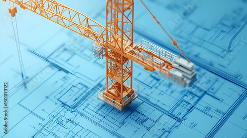 Orange Construction Crane on Blue Architectural Blueprint