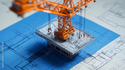 Orange Crane Lifting Miniature Building Model on Blueprint