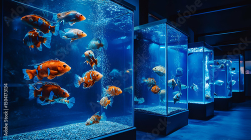 Orange And White Fish Swimming In Modern Blue Aquarium Tanks