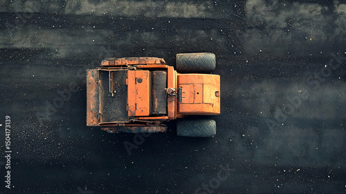 Orange Construction Vehicle on Dark Asphalt Road Aerial View