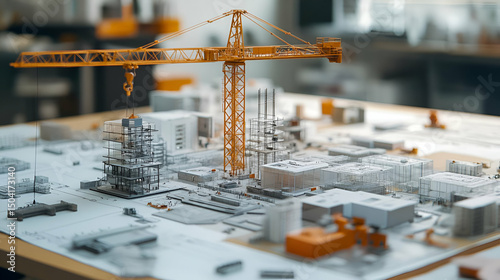 Orange Crane Over Miniature Grey City Model