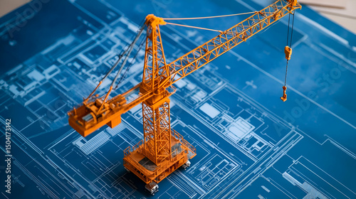 Orange Construction Crane Model on Blue Detailed Blueprint
