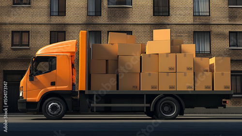 Orange Delivery Truck Loaded with Cardboard Boxes on City Street