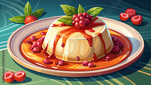 A creamy panna cotta rests elegantly on a white plate, topped with vibrant pomegranate seeds and glossy syrup. The contrast of colors creates a fresh, inviting, and artistic dessert scene.