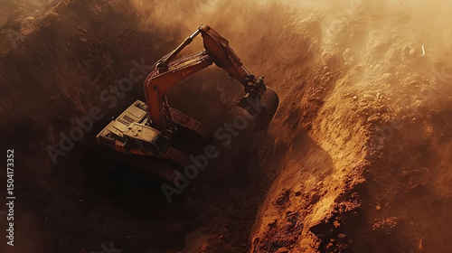 Orange Excavator Digging Brown Soil Aerial View