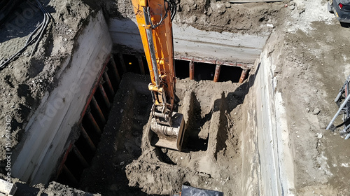 Orange Excavator Digging in a Deep Construction Site